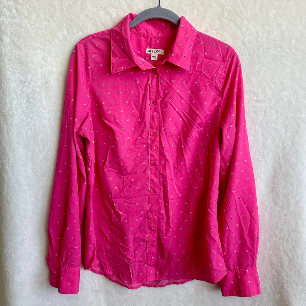Merona Hot Pink Button Down Shirt Long Sleeve Mini Dot Print Blouse Medium M